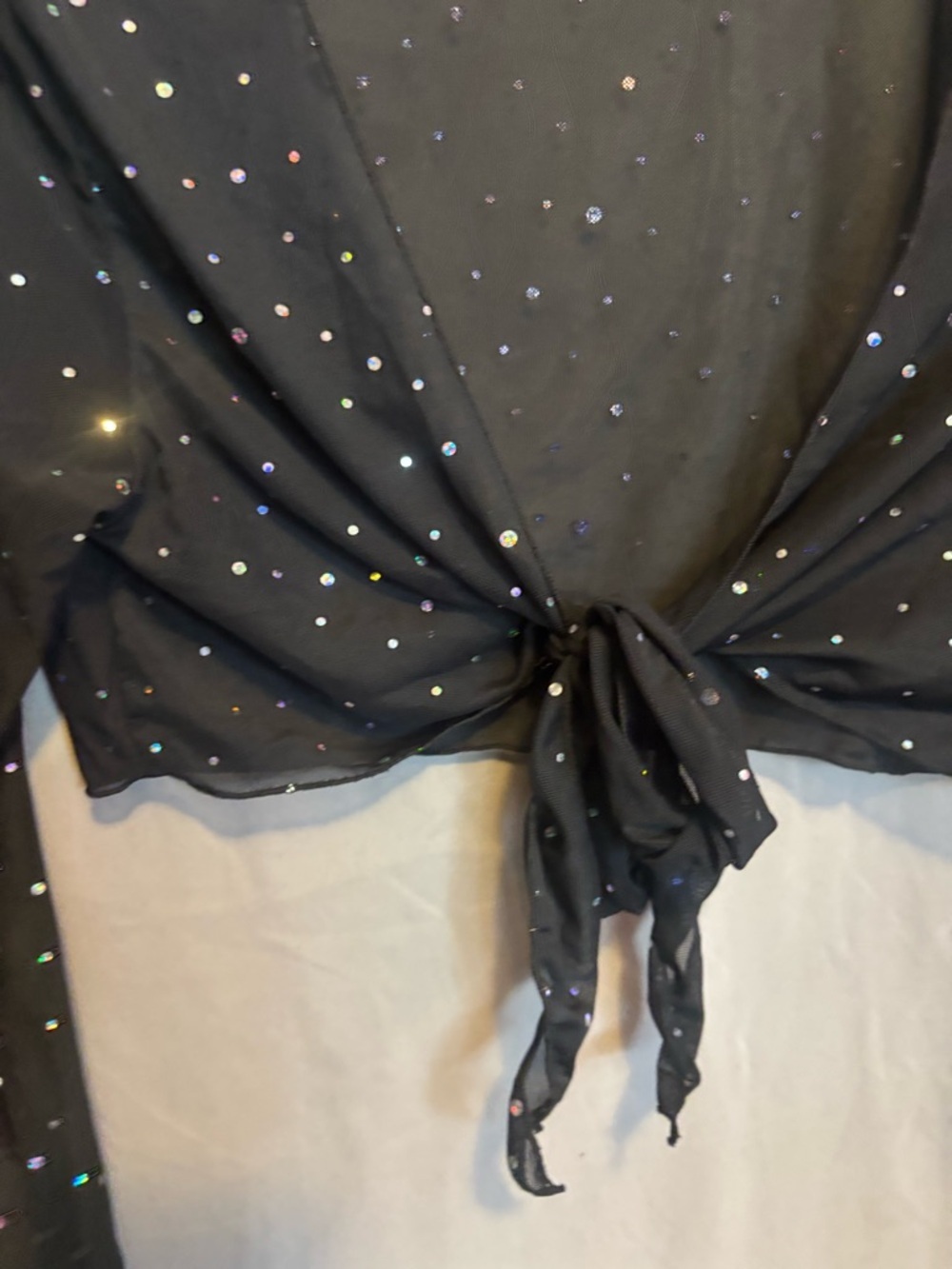 Black Sheer Tie-Front Crop Top with Iridescent Dots gems sparkly raveware club - Picture 5 of 7